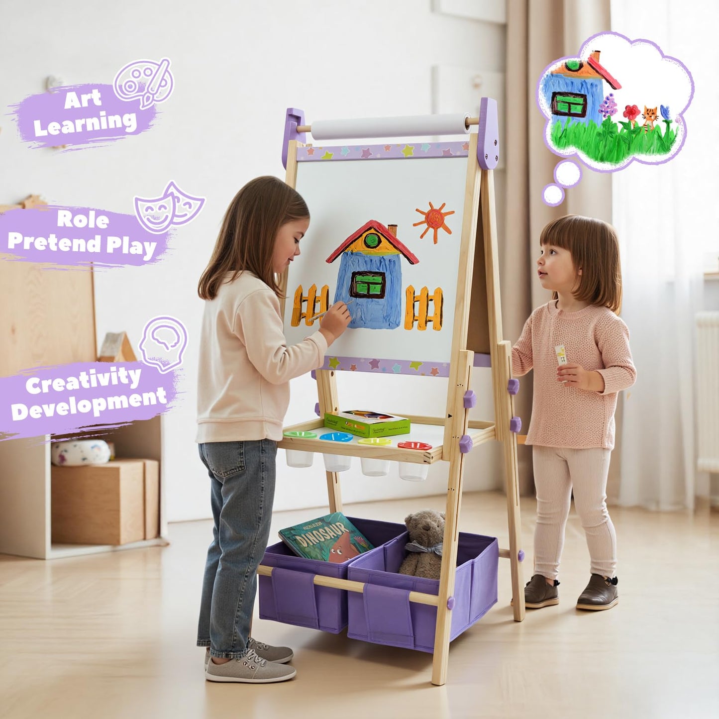 3-in-1 Kids Art Easel Set, Height Adjustable Magnetic Whiteboard & Chalkboard with Painting Paper Roll, Wooden Dual-Sided Art Station for Toddlers & Children Ages 3-8 (Art Supplies Included)