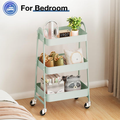 OLIXIS Metal 3 Tiers Utility Rolling Cart with Lockable Caster Wheels, Mobile Storage Shelf, Organization for Livingroom, Bathroom & Narrow Places, Pale Green