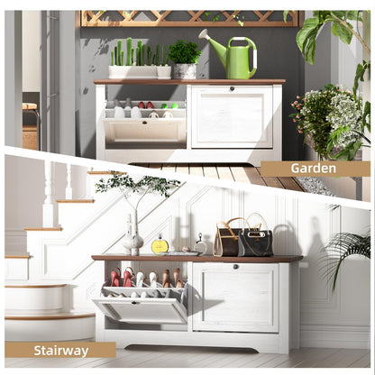 TOOBVEST Shoe Storage Bench with Flip Drawers, Entryway Shoe Cabinet with Seat, Wooden Shoe Organizer Bench for Hallway, Foyer, Living Room, Small Space, White Walnut