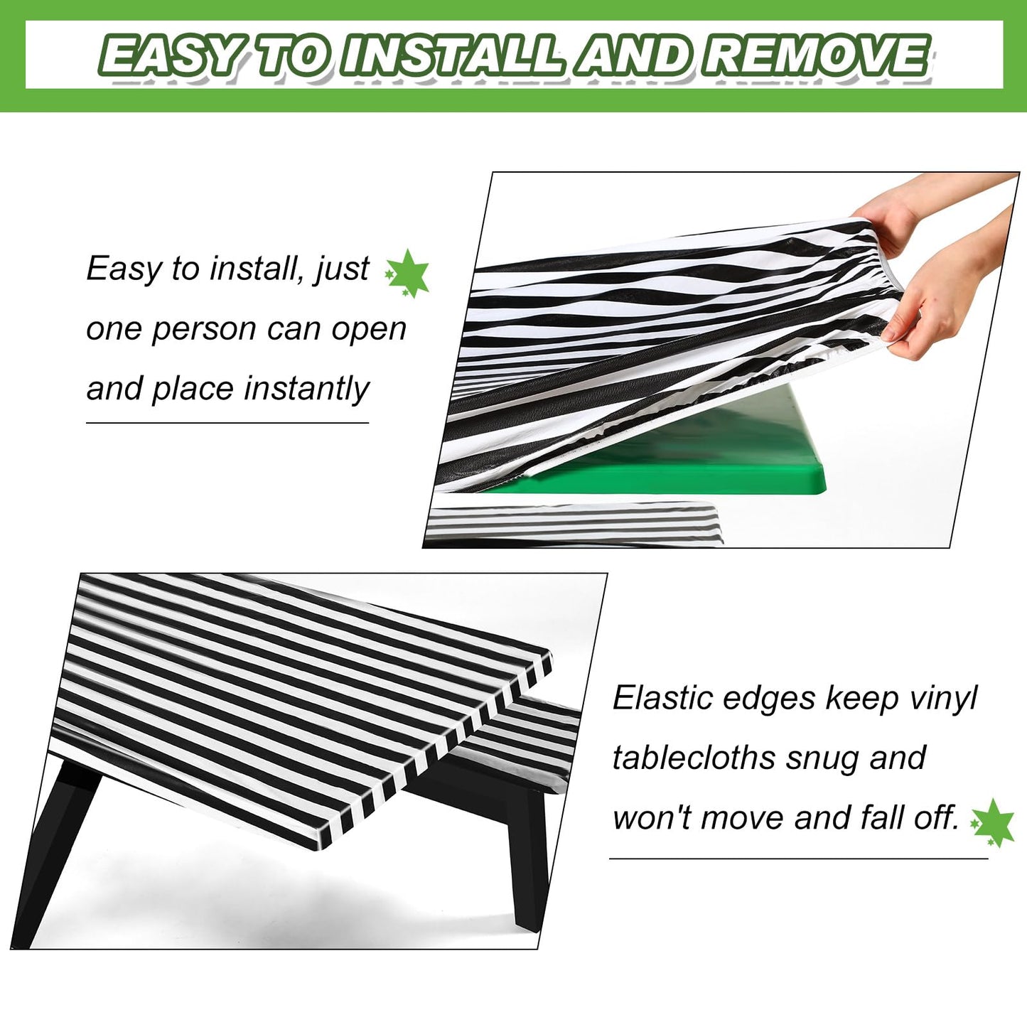 SmoothNovelty Picnic Table Cover with Bench Covers 72 x 30 Inch Waterproof Elastic Fitted Outdoor Stripe Tablecloth for 6 ft Rectangle Tables, School Camping Accessories Park(Black and White)