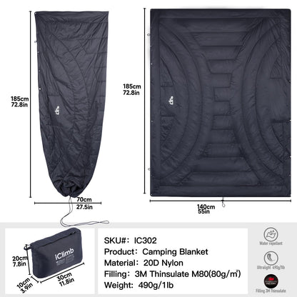iClimb 3M Thinsulate Insulation Warm Camping Blanket Ultralight Compact (Dark Grey, 1 lb)