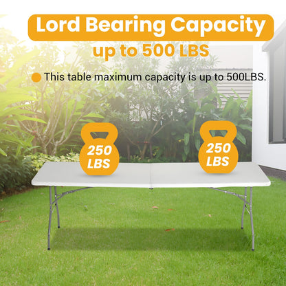 FDW 6FT Folding Table, Portable Fold-in-Half Plastic Picnic Party Table with Carrying Handle (White