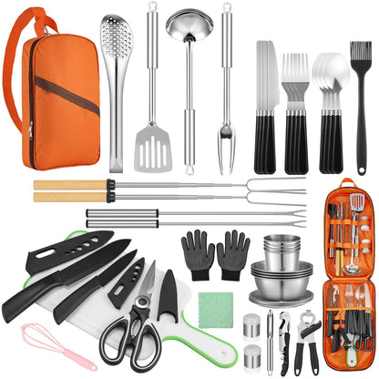 Hozzen 45-Pcs Camping Cooking Utensil Set - Car Camping Essentials Gear for Cooking and Grilling, Portable Camp Kitchen Set, Ideal Gift for RV Tent Camper, Picnics, BBQs, Parties