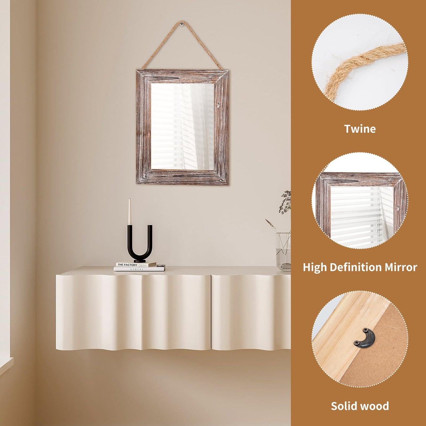 CFDYMTJ Wall Decorative Mirror 12 x 16 Inch Rust Farmhouse Rectangular Mirrors Wood Frame Mirror with Hanging Hemp Rope for Bedroom, Bathroom, Living Room, Entryway
