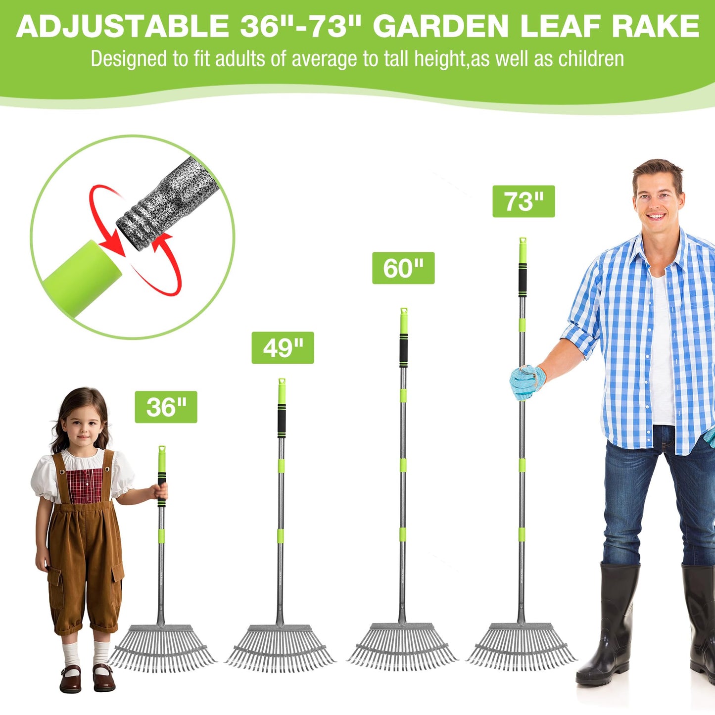 WORKPRO Rakes, Small Leaf Rake with 73” Adjustable Long Handle, Narrow Metal Garden Rake with 25 Steel Tines, Heavy Duty Rust-Resistant Lawn Rakes for Yard, Garden, Shrubs, Flower Beds & Tight Spaces