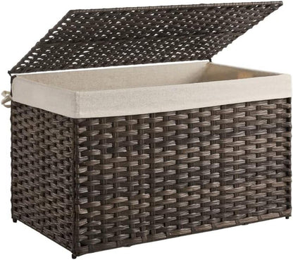 SONGMICS Storage Basket with Lid, Woven Blanket Storage Bin with Handles, Foldable, Removable Liner, Metal Frame, for Bedroom, Laundry Room, 42.3 Gallons (160 L), Brown URST76BR