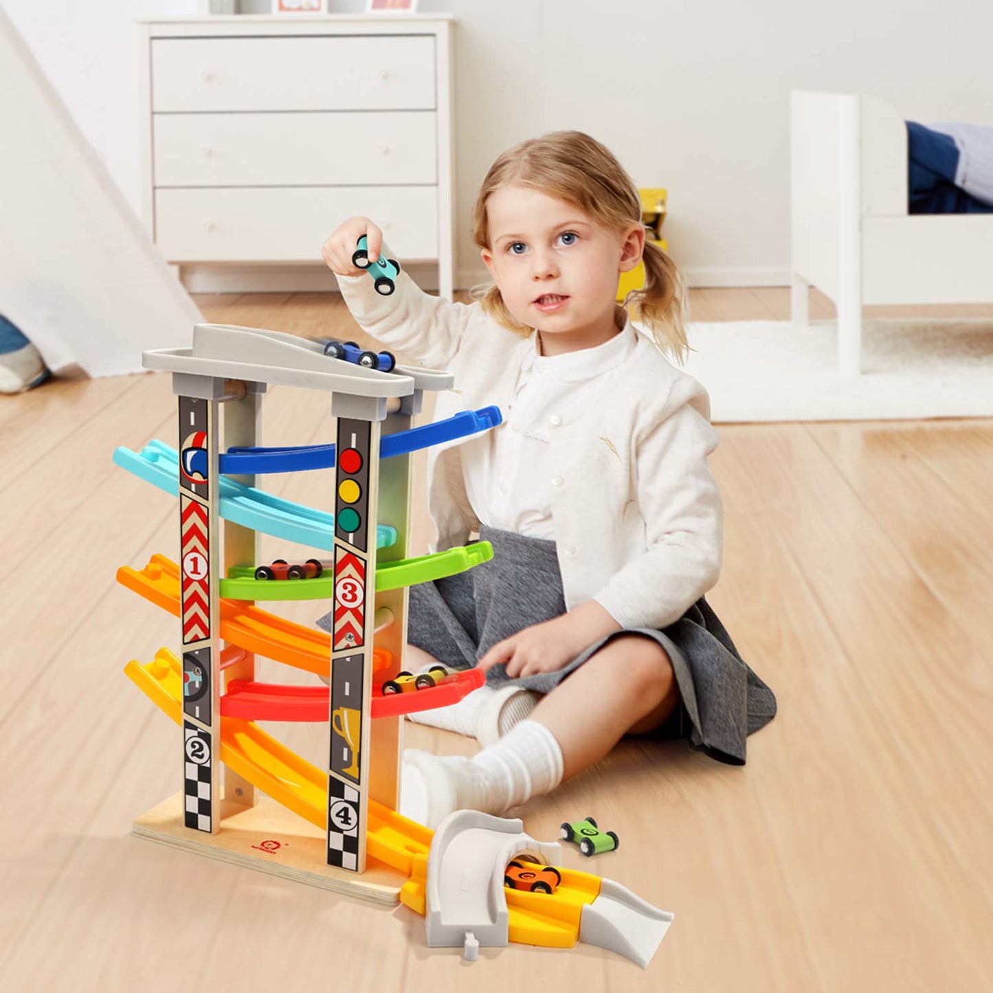 TOP BRIGHT Wooden Car Ramp Race Track Toy for Toddlers 1-4 Years, Montessori Educational Learning Toy for 2 Year Old Boys Girls Gifts with 6 Mini Cars