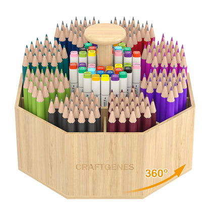 CraftGenes Bamboo Rotating Pen Organizer for Desk, 360° Spinning Desk Organizer with 10 Compartments, Wooden Pencil Holder, Desk Caddy for Office Supplies, Marker Organizer for Office Home School