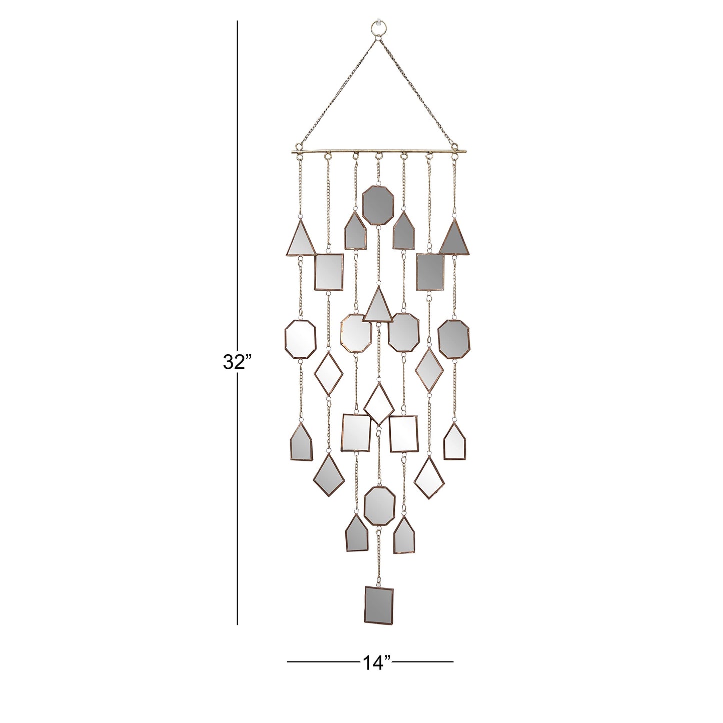 Deco 79 Metal Geometric Indoor Outdoor Windchime Garden Decor with Glass Mirrors and Bells, Hanging Ornament 14" x 1" x 32", Brown