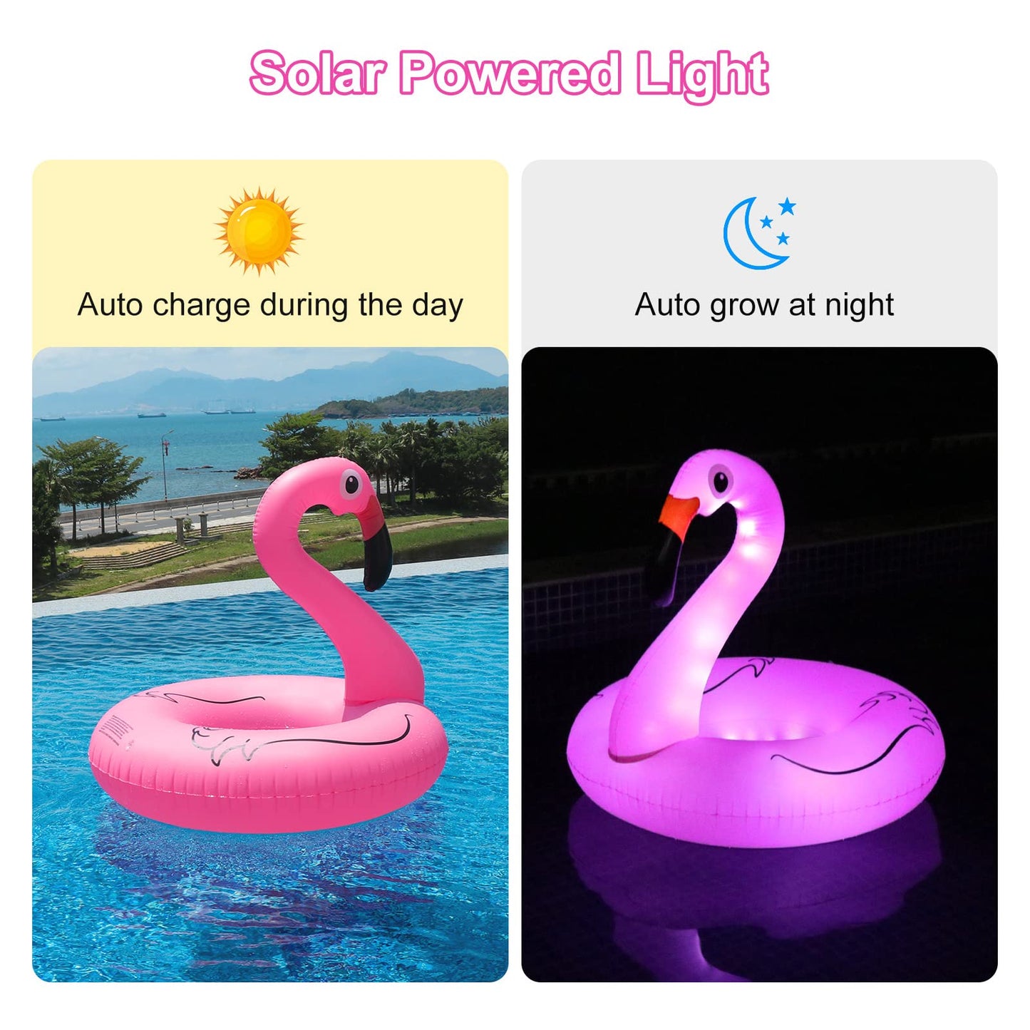 FlyfreeU Flamingo Inflatable Pool Floats with Lights, Solar Flamingo Pool Floats for Adults, 42 Inch Pool Float Lake Beach Floaty, Swimming Pool Float Raft Lounge for Adults Party Water Fun