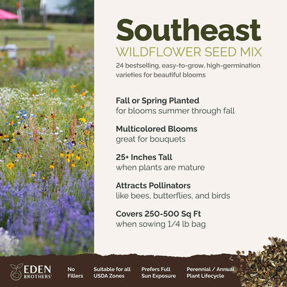 Eden Brothers Southeast Wildflower Mixed Seeds for Planting, 1/4 lb, 120,000+ Seeds with Cornflower, Blanket Flower | Attracts Pollinators, Plant in Spring or Fall, Zones 3, 4, 5, 6, 7, 8, 9, 10