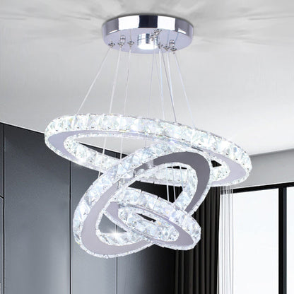 xychfantligh Modern 3 Ring Round Crystal Chandelier Adjustable Stainless Steel Pendant Lighting LED Crystal Ceiling Light Fixture for Living Room Dining Room Bedroom Cool White