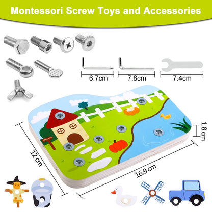 Montessori Screwdriver Board Set - Wooden Montessori Toys for 3 Year Old Kids and Toddlers, Fine Motor Skills Learning, STEM Toys, Gift for Boys and Girls (Farm Series)