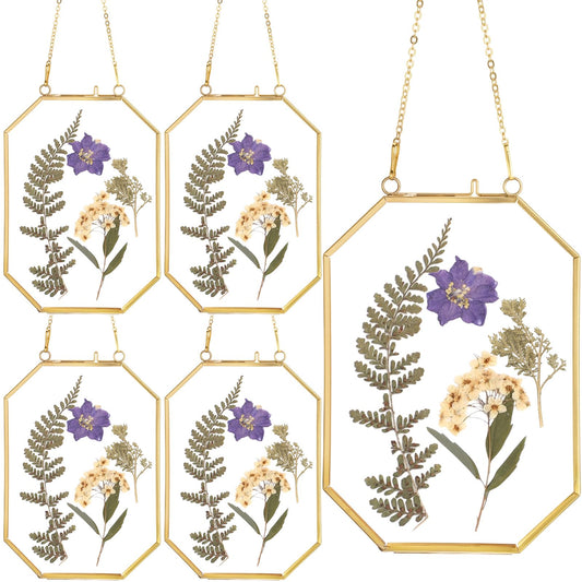 Vicenpal 5 Pcs 5 x 7 Inches Glass Pressed Flower Frame, Hanging Floating Picture Frame for Tabletop Artwork Dried Flower Display with Metal Chain for Mom Friends Wedding Gift DIY Craft(Coppery)