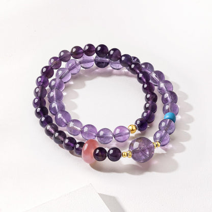 ZHOU LIU FU Sterling Silver Beaded Bracelets Natural Lucky Purple Gemstone Stretch Bracelet Circular Agate Beads Dainty Jewelry for Women Mom Daughter Birthday Anniversary 13.4"/34CM J1922133