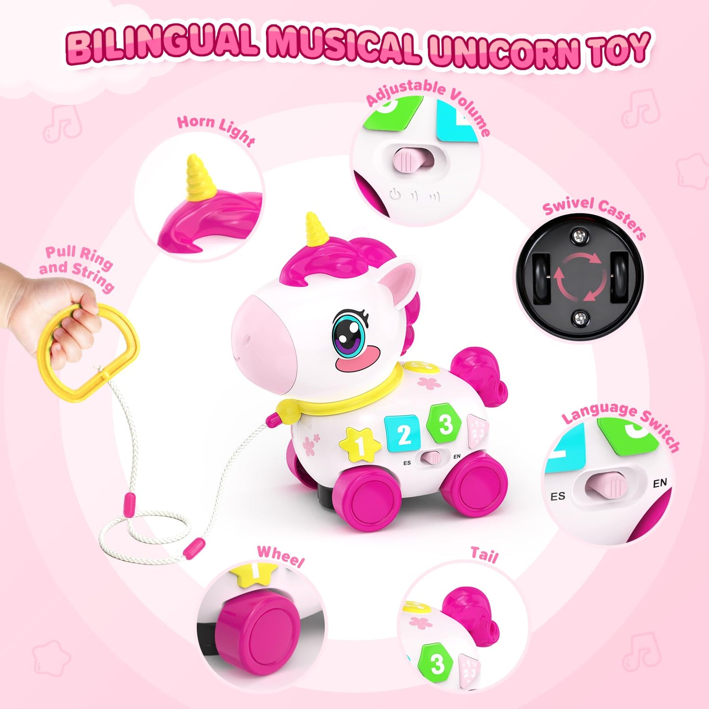 Bilingual Musical Crawling Toy for 1 Year Old Girl Gifts,Musical Unicorn Toys for Baby 6-12 Months,Baby Toys 6-12-18 Months,Toddler Educational Toy,Birthday Gifts with Music Light,Baby