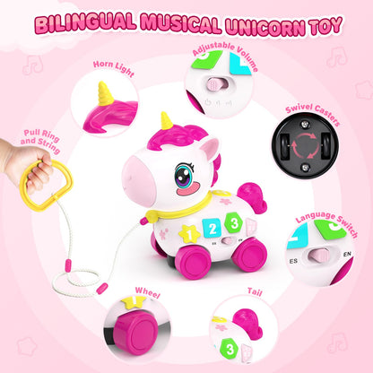 Bilingual Musical Crawling Toy for 1 Year Old Girl Gifts,Musical Unicorn Toys for Baby 6-12 Months,Baby Toys 6-12-18 Months,Toddler Educational Toy,Birthday Gifts with Music Light,Baby