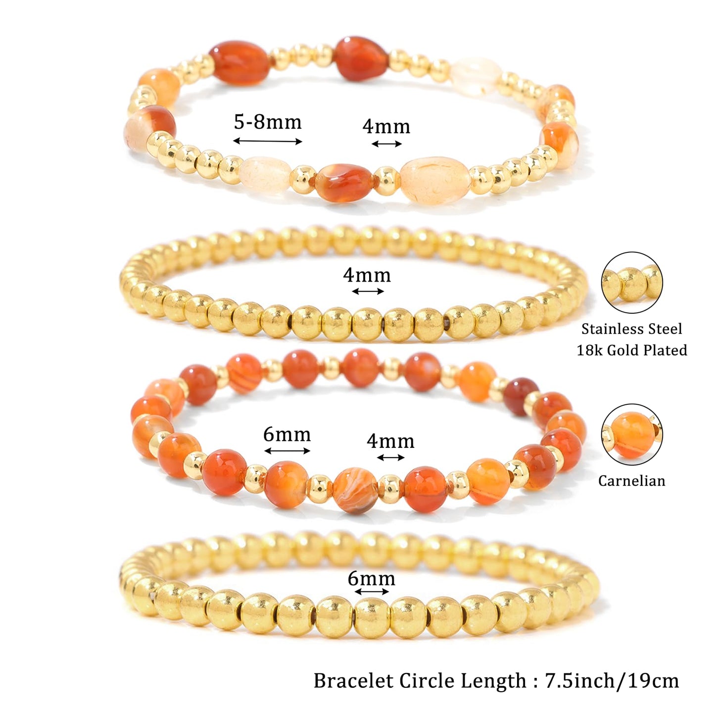 MORIANCE Carnelian & Gold Bead Stackable Bracelet Set for Women - 4pcs (2x Carnelian Stretch, 2x Gold Beaded) - Orange, Classic Style - Anniversary, Birthday
