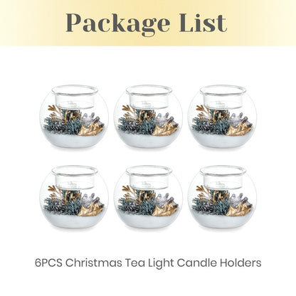 Hewory Christmas Tealight Candle Holders: Set of 6 Glass Ball Tea Light Candle Holder with Golden Leaves and Needles, Christmas Table Decorations for Dinner Centerpiece Holiday Party Fireplace Mantle