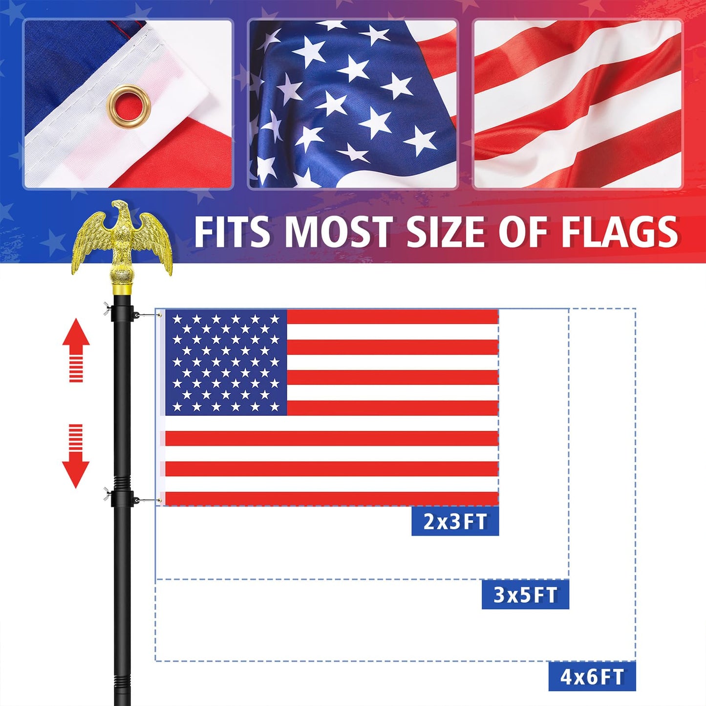 Flag Pole for Outside House, Outdoor Black Heavy Duty 10 FT Flag Pole Kit, for Residential or Commerical, Tangle Free Flagpole (Include American 3 X 5 Flag, 5 Pronges Base, Eagle Shaped Head)