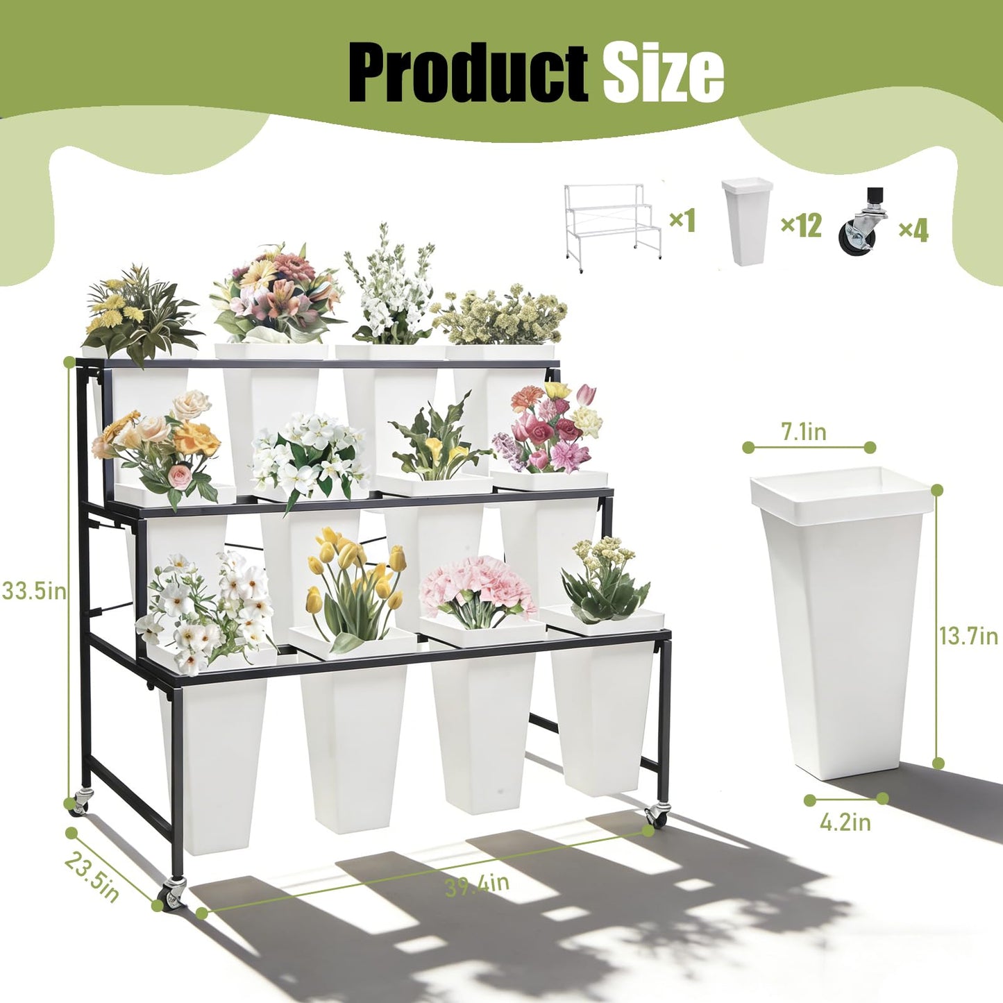 Flower Display Stands With Buckets, With 12pcs Buckets, 3-Tier Rolling Flower Bar,Heavy Duty Metal Flower Cart,For Indoor/Outdoor Use, Wedding Decor & Florist Displays (B - Black frame, white bucket)