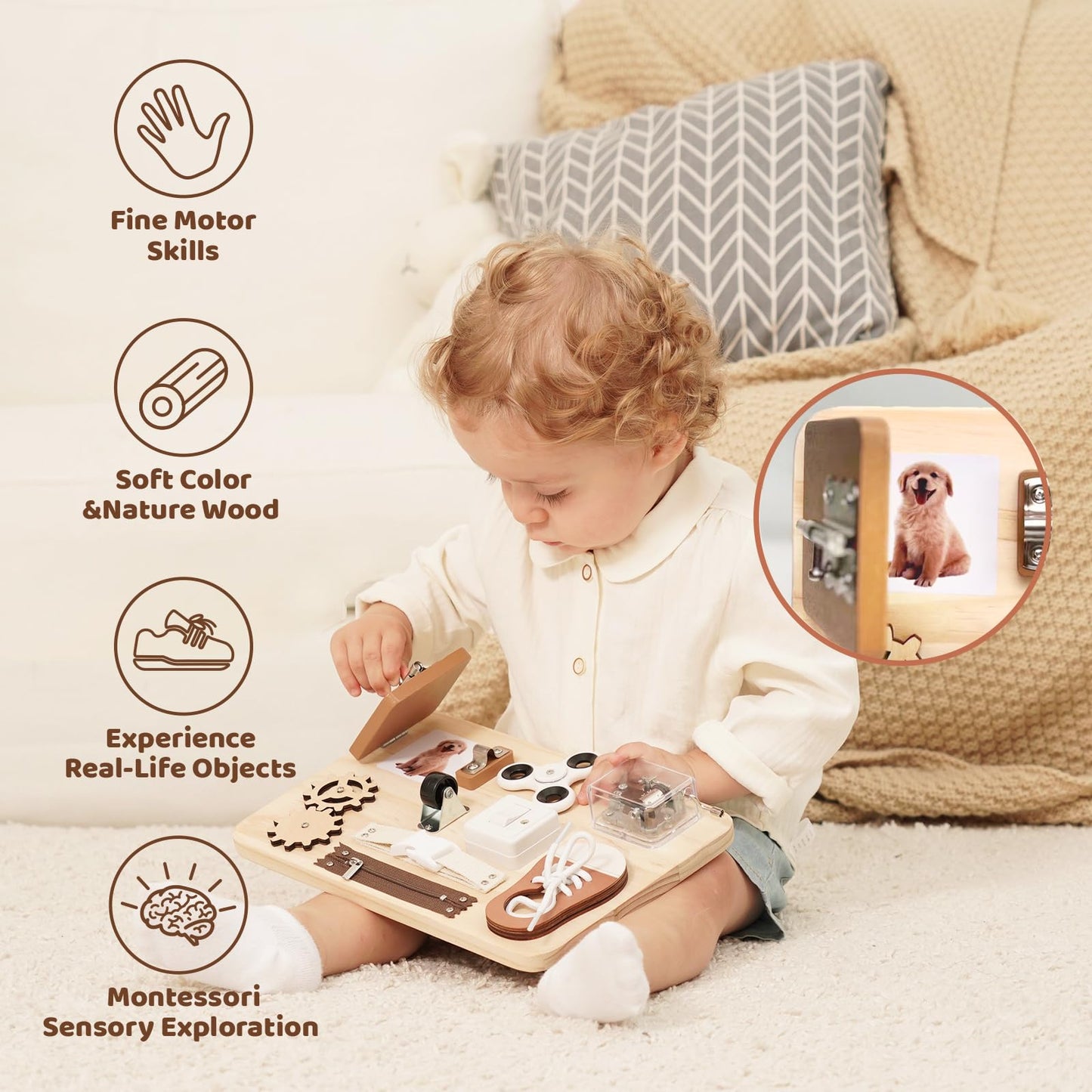 Potatomato Busy Board Toddlers - Montessori Educational Fidget Toys for Baby 1 2 3 4 Years Old - Wooden Sensory Toys Autistic Children - Preschool Learning Activities Fine Motor Skills – Travel Toy