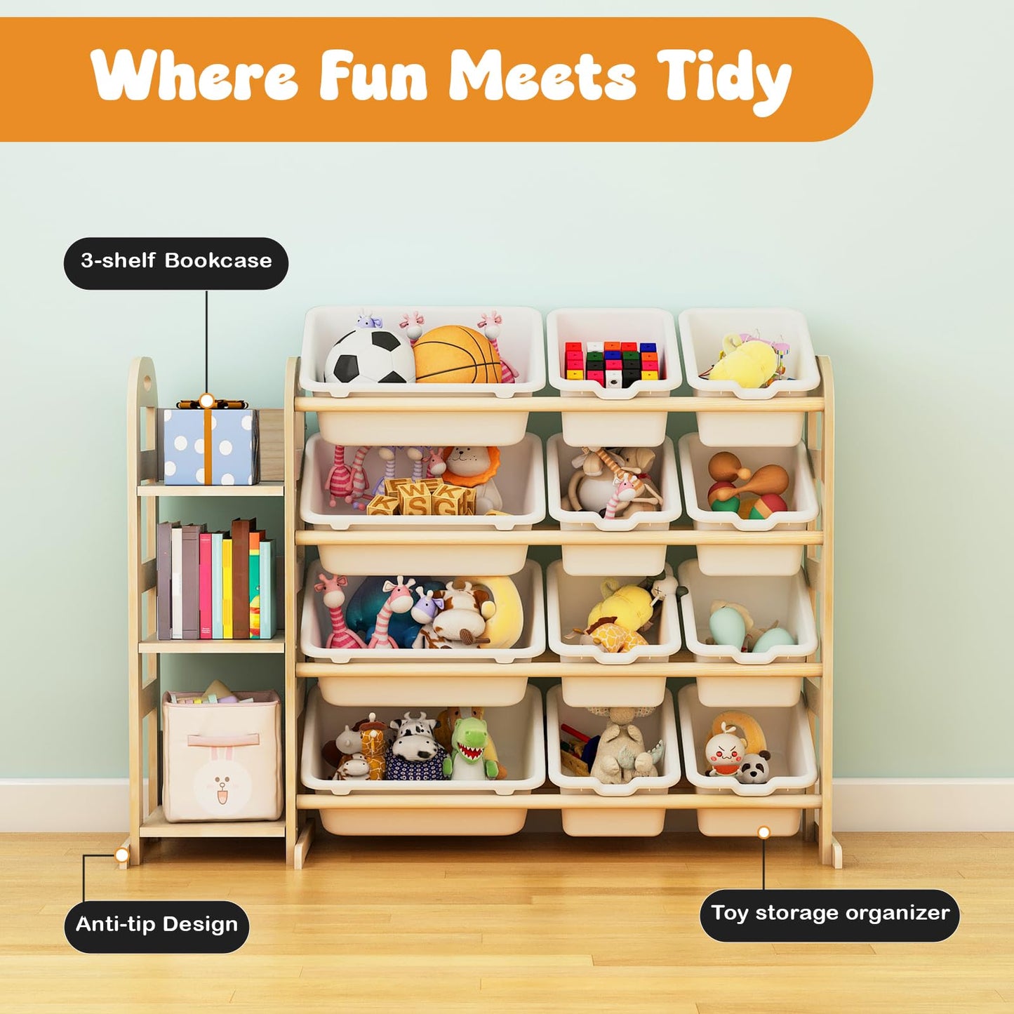 Toy Storage Organizer, Wooden Toy Organizers and Storage with Bookshelf, Toy Storage Shelf with 3 Shelves and 12 Storage Bins, Kids Bookshelf for Playroom, Nursery, Bedroom, Bookcase for Kids, White