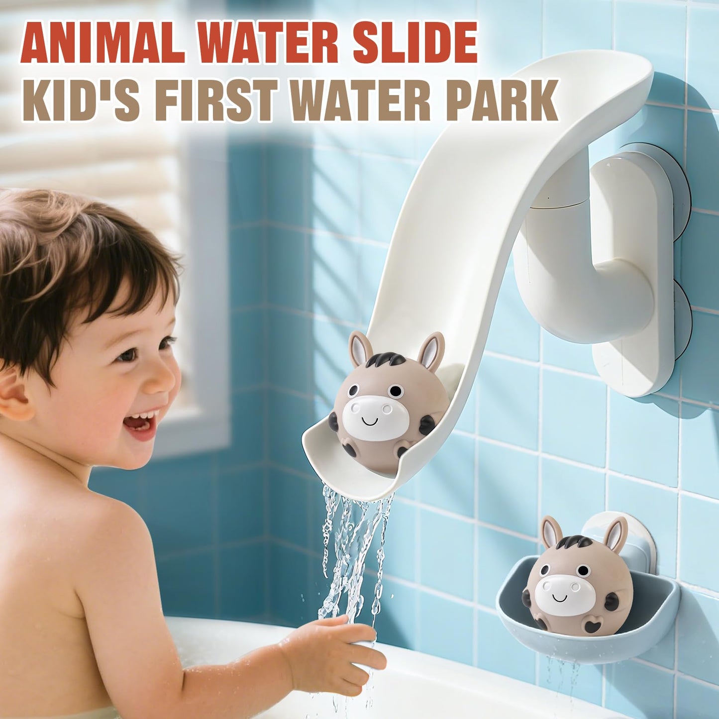 TXTLDB No-Hole Farm Bath Toys for Toddlers 1-3 | Slide, Basketball Hoop & 6 Animal Set | Easy to Clean & Dry Bathtub Play Gifts for Boys Girls