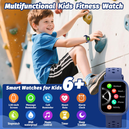 Heroange Kids Smart Watch for Girls Boys,IP68 Waterproof Kids Fitness Tracker Watch with 1.83" Face,Heart Rate Sleep Monitor,19 Sport Modes,Puzzle Games with APP,Great Gifts for Teens 6+ (Blue)