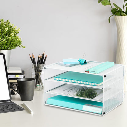 EASEPRES 3 Tier Mesh Desk Organizer Tray, Desktop Mail File Paper Letter Folder Holder Sorter Organization Rack Storage Accessories for Office Home School Classroom, White