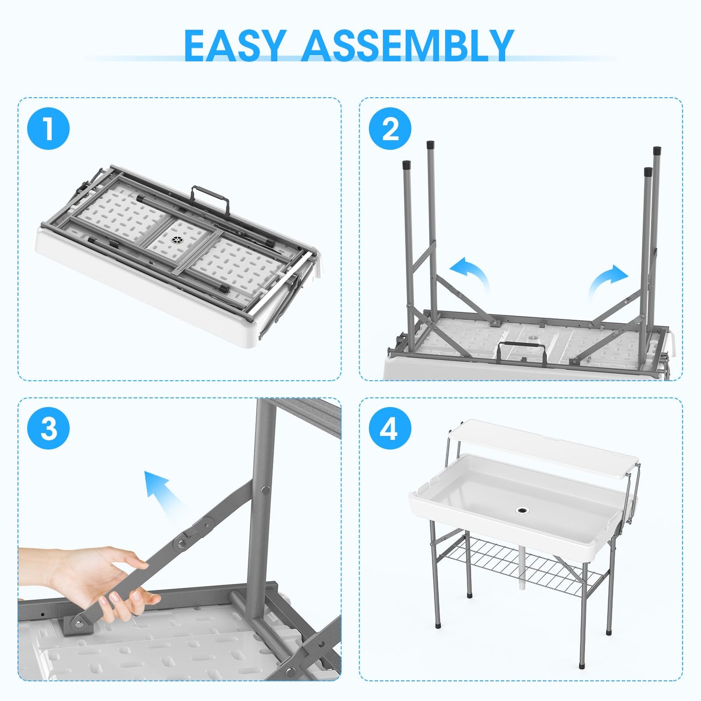 HLPB 4 FT Party Ice Cooler Folding Table with Folding Board, Outdoor ice Table with Skirt & Drain & Folded Buckets & Barbed Wire, Portable Foldable Bar Table for Party, BBQ, Camping, Picnic, White
