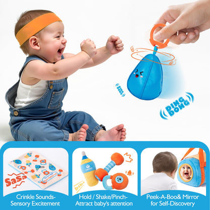 hahaland Baby Toys 6-12 Months - Baby Toys 3-6 Months Montessori Toy for 6 Month Old, Sensory Toy for Babies Workout Weights Dumbbell Toy Set with Soft Rattles Mirror, Easter Gifts for Baby