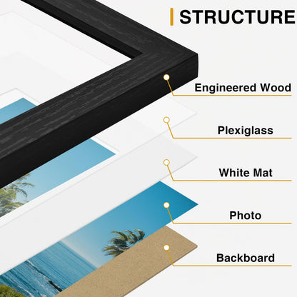 Vittanly 8x10 Picture Frames Set of 9, Shatter Resistant Plexiglass, Display 5x7 Pictures with Mat or 8x10 without Mat, Photo Frames for Wall or Tabletop, Engineered Wood, Black
