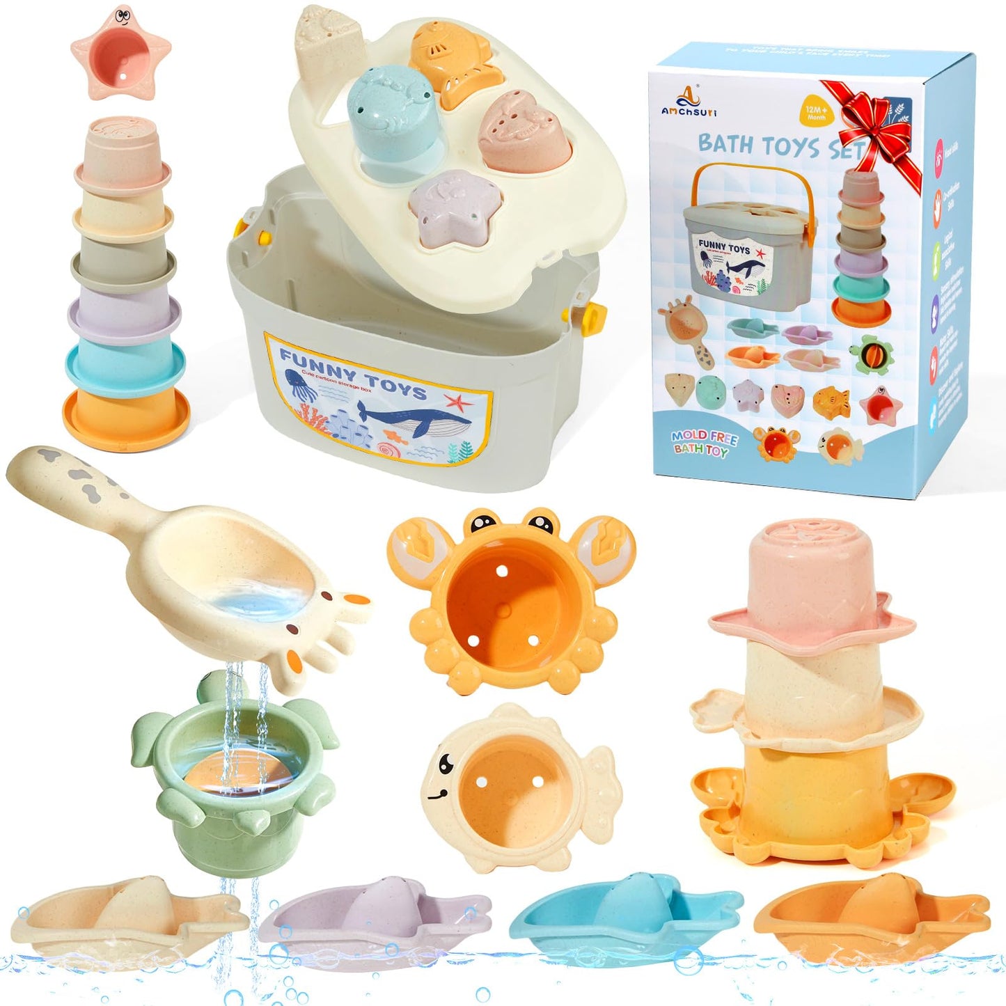 Baby Bath Toys, 21PCS | Easy Clean & Mold Free Bath Toys for Babies 6-12 Months | Educational Shape-Sorting Lid & Baby Stacking Cups | Tub Water Pool Beach Toy for Baby Gift with Portable Storage Bin