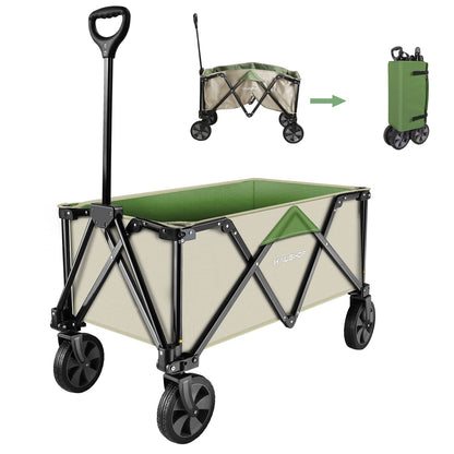 HAUSHOF Heavy Duty Collapsible Wagon, Folding Outdoor Utility Wagon, Camping Garden Beach Cart with Universal Quick Release Wheels, Adjustable Handle, 2 Cup Holders, 176 lbs Load Capacity, Green