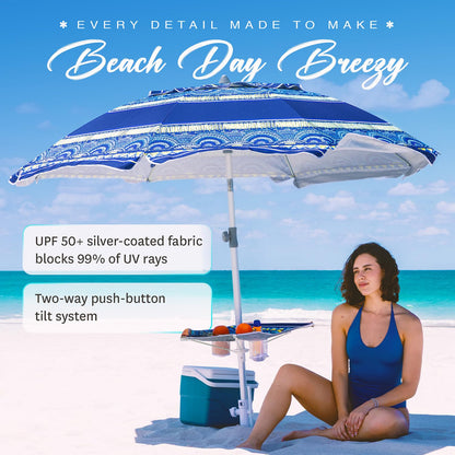 AMMSUN 7ft Heavy Duty High Wind Beach Umbrella with sand anchor, Built-in Table Tray & Tilt Pole, UPF 50+ Windproof Portable Outdoor Umbrellas Carry Bag for Patio Garden Pool Backyard stripe (Haute