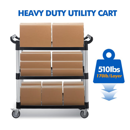 Imaboie Utility Rolling Carts with Wheels, Large Size Plastic Service Carts, Heavy Duty Restaurant Cart with 4 Lockable Brake Wheels for Kitchen/Office/Warehouse (3 Tier - 34×17×37inches / 510lbs)