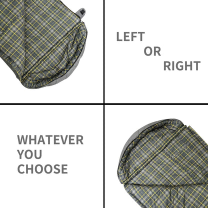 Mountainlodge 100% Cotton Shell and Lining Sleeping Bag for Adult Cold Weather with Compression Bag&Carry Bag for Camping,Travel and Car Camping (Little Grid Grey with Right Hand)
