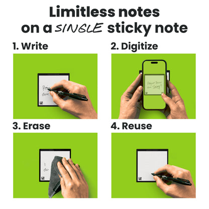 Rocketbook Reusable Sticky Notes Starter Pack, Restick and Reorganize Memo Pads, 3"x3", 15 Black Sticky Notes, Includes Pen, Towel + Carrying Case (Kit of 1)