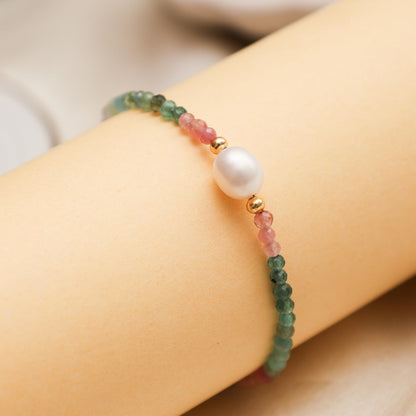 Gempires Watermelon Tourmaline Beaded Bracelet with Pearl Choker Crystal Jewelry Lightweight Colorful Gemstone Bracelets For Women Hypoallergenic 7.5 Inch Gold Plated Adjustable Chain
