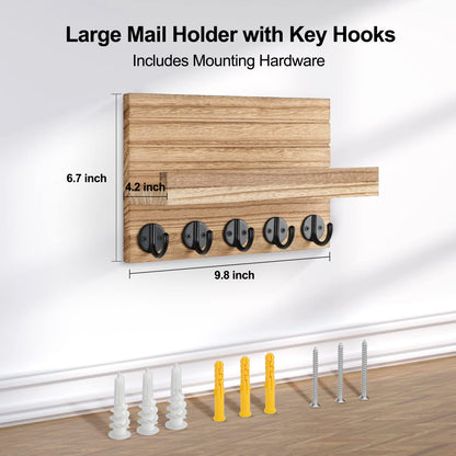 Lwenki Key Holder for Wall, Decorative Key and Mail Holder with Shelf Has Large Key Hooks for Bags, Coats – Paulownia Wood Key Hanger with Mounting Hardware (9.8”W x 6.7”H x 4.2”D) (Burnt Wood)