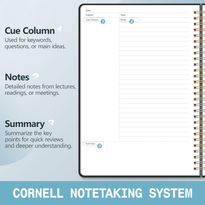 Hardcover Cornell Notes Notebook for Note Taking Supplies, B5 Spiral Aesthetic Study Subject Notebooks for School Work College Ruled Meeting Notes Book Studying Essentials, 7.2” x 10”, Black