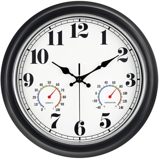 45MinST 13-Inch Vintage Outdoor Wall Clock with Thermometer and Hygrometer, Waterproof, Large Numbers, Silent, for Indoor and Outside Use,Porch,Garden,Pool(Black Frame with Silver Trim)