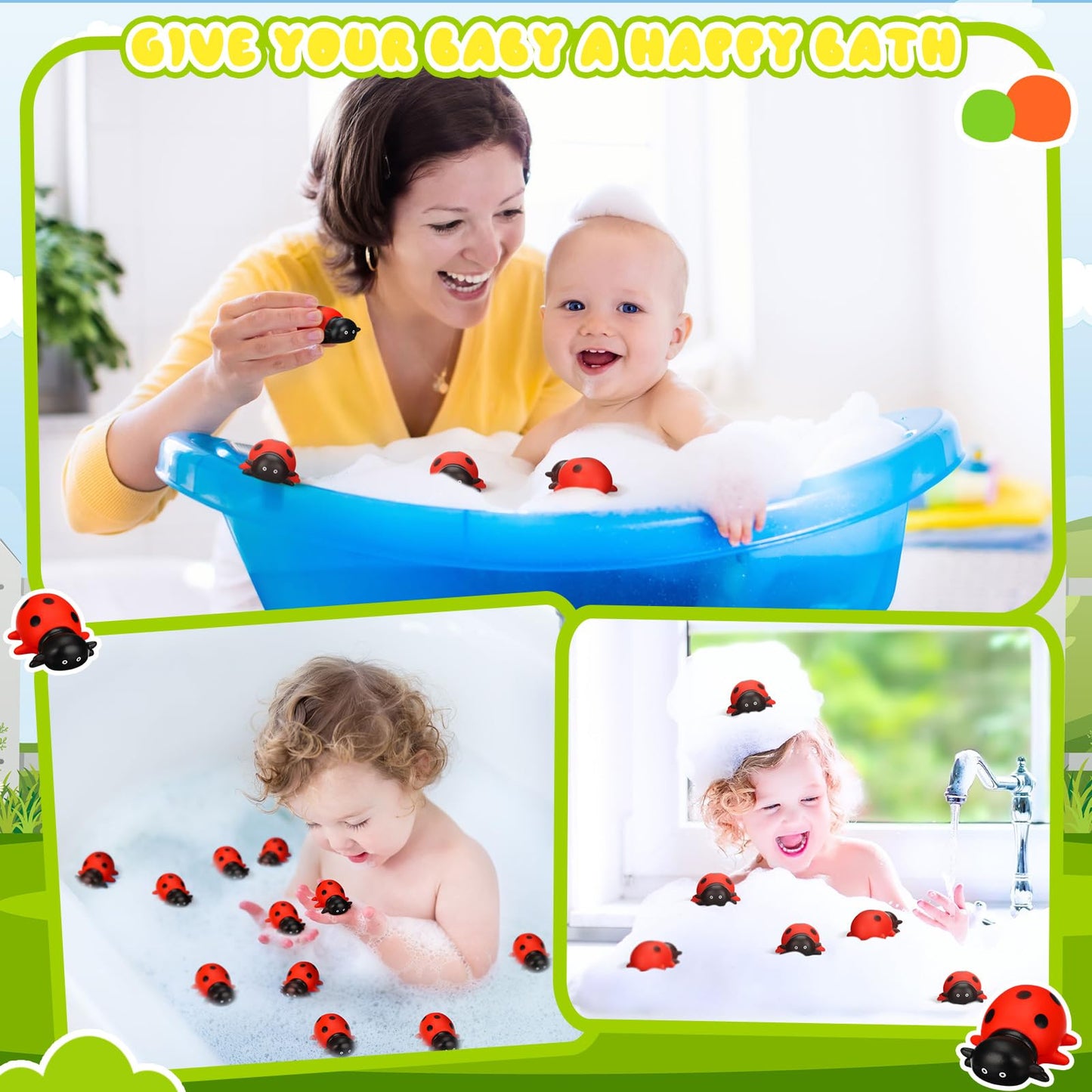 Syhood 50 Pcs Mini Ladybug Toys Squeak Rubber Ladybug Bath Fake Animal Bulk Pool Floating Bathtub Toys Small Ladybugs Figurine Model for Baby Shower Summer Birthday Pool Party Favors Decor