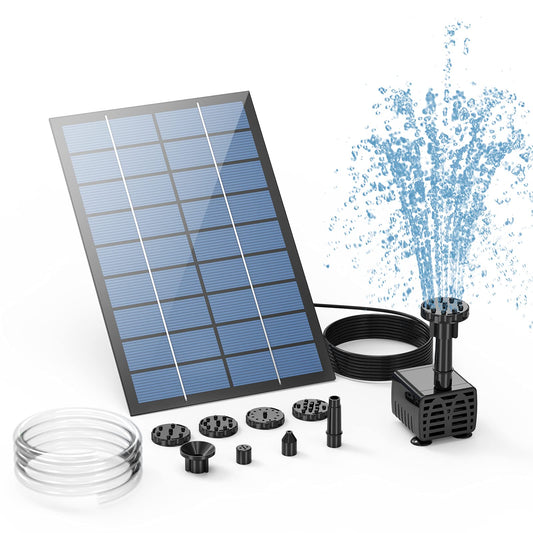 AISITIN 2.5W Solar Fountain Pump, DIY Outdoor Solar Water Fountain with 6 Nozzles and 4ft Water Pipe, Solar Powered Pump for Bird Bath, Ponds, Garden and Fish Tank Garden, Pond