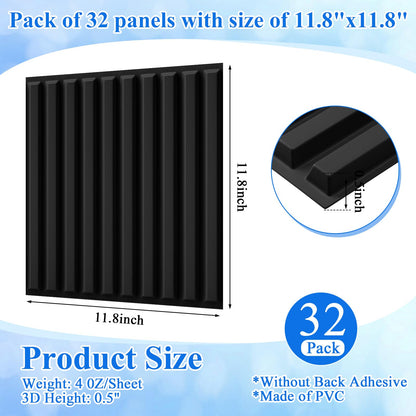 Nuanchu 32 Pcs 3D Slat Wall Panels, 12"x12" PVC Fluted Wall Paneling for Interior Decor, Paintable Waterproof Textured Tiles for Living Room TV Background Gaming Room, 32 Sq. ft Coverage (Black)
