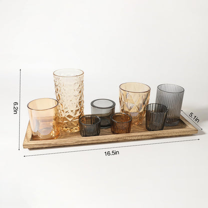 Rustic Wooden Tray with 8 Brown Glass Votive Candle Holders, Decorative Tea Light Holder Set for Mantel, Centerpiece, Dining Table Centerpiece Set, and Home Decor(Set of 8 Pieces)