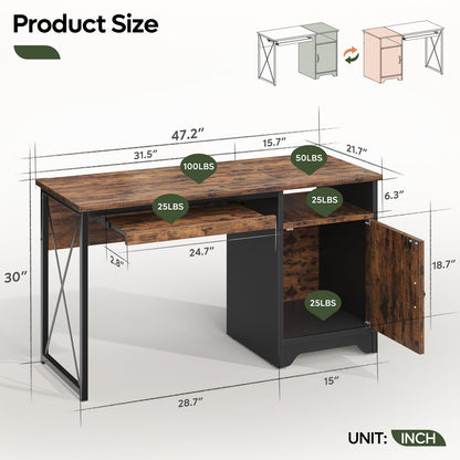Bestier Office Desk with Keyboard Tray, 47 inch Industrial Computer Desk with Storage, Reversible Executive Desk with File Cabinet for Home Office Bedroom, Rustic Brown