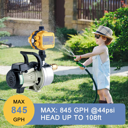 TDRSUPER 1/2 HP Water Pressure Booster Pump with Smart Controller, 845GPH, 110V, Stainless Steel Well Pump, Automatic Water Transfer Jet Pump for Home, Garden, Lawn, Irrigation