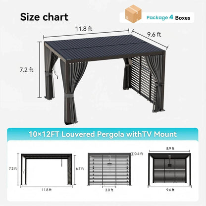 COSIEST 10' x 12' Louvered Pergola with TV Mount, Outdoor Aluminum Pergola with Adjustable Roof, 4 Posts Drainage System, Privacy Curtains & Rainproof Gazebo for Patio, Deck, Backyard, Garden